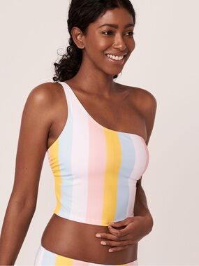 La Vie En Rose Swim Top Vertical Stripe Asymmetric One Shoulder Cropped Tankini